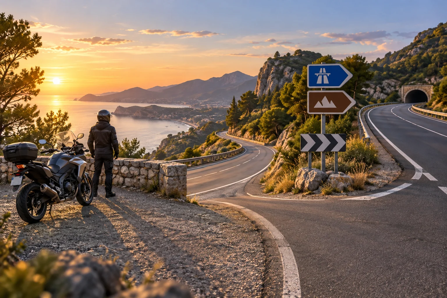 A motorcycle facing two road options in a rural landscape