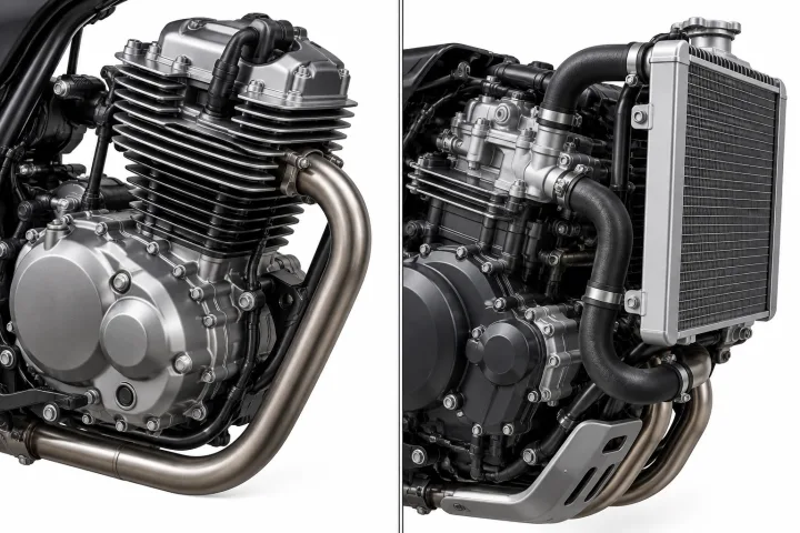 Technical comparison of an air-cooled motorcycle engine and one with a water radiator
