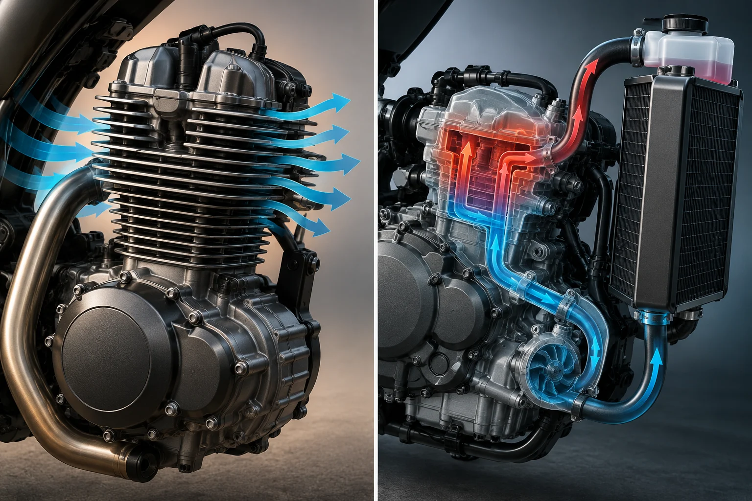 Technisches Diagramm von Motorradmotoren mit Luft- und Wasserkühlung