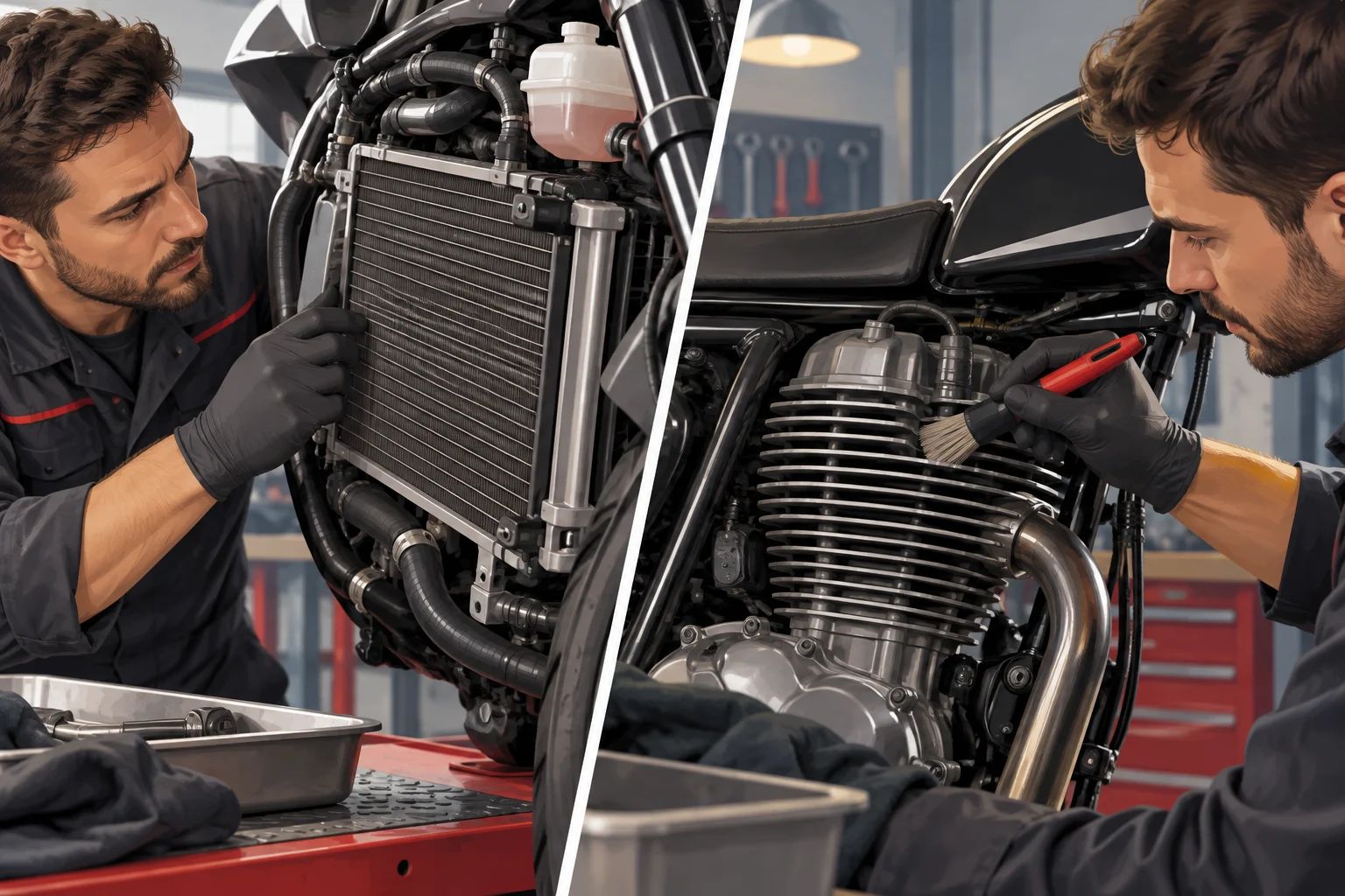 Techniker überprüft das Kühlsystem eines Motorrads