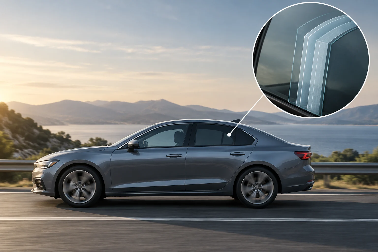 Detail einer Autoscheibe mit Darstellung der Schichten eines Verbundglases
