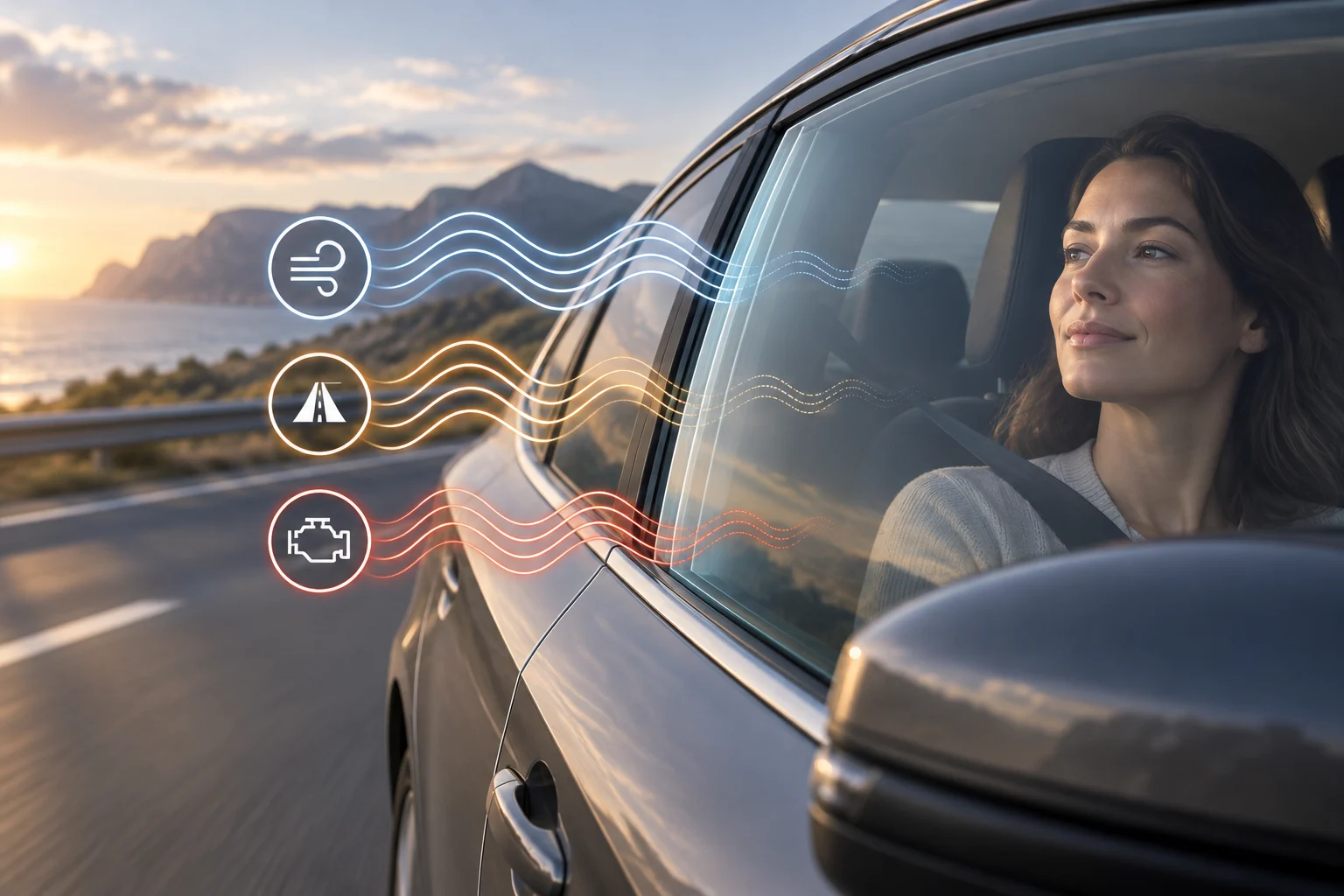 Grafische Darstellung von Straßen-, Wind- und Motorgeräuschen an einem Autofenster