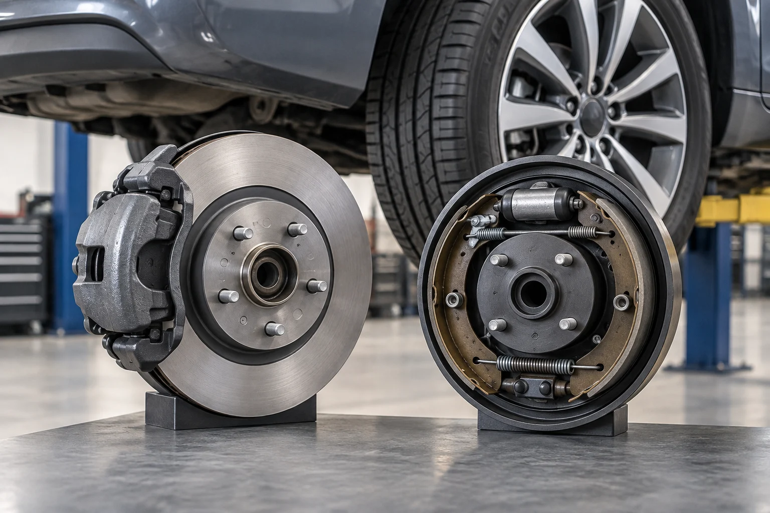 Technical comparative illustration of a disc brake assembly and a drum brake assembly next to a generic car wheel