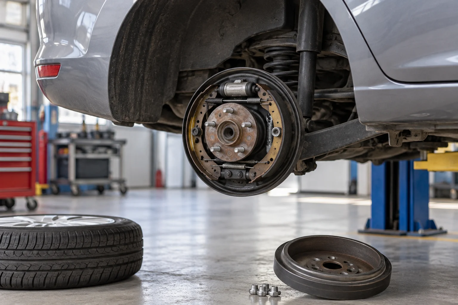 Rear wheel of a generic car removed showing the drum brake in a workshop