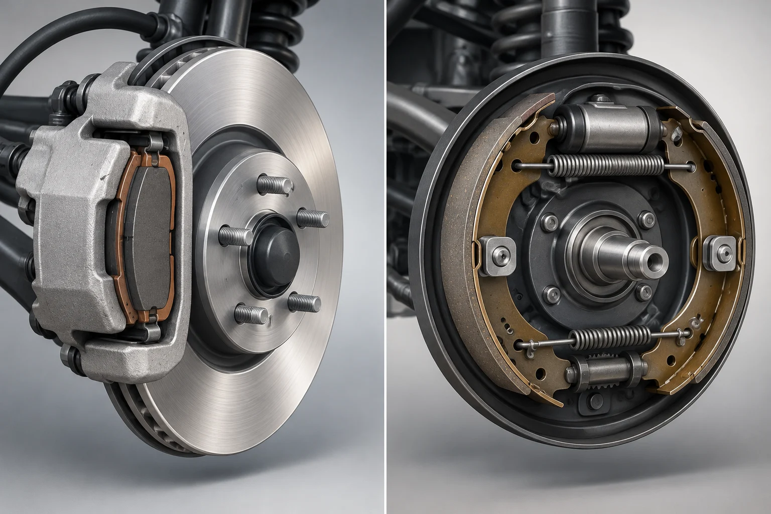 Comparative technical diagram of the cross-section of a disc brake and a drum brake