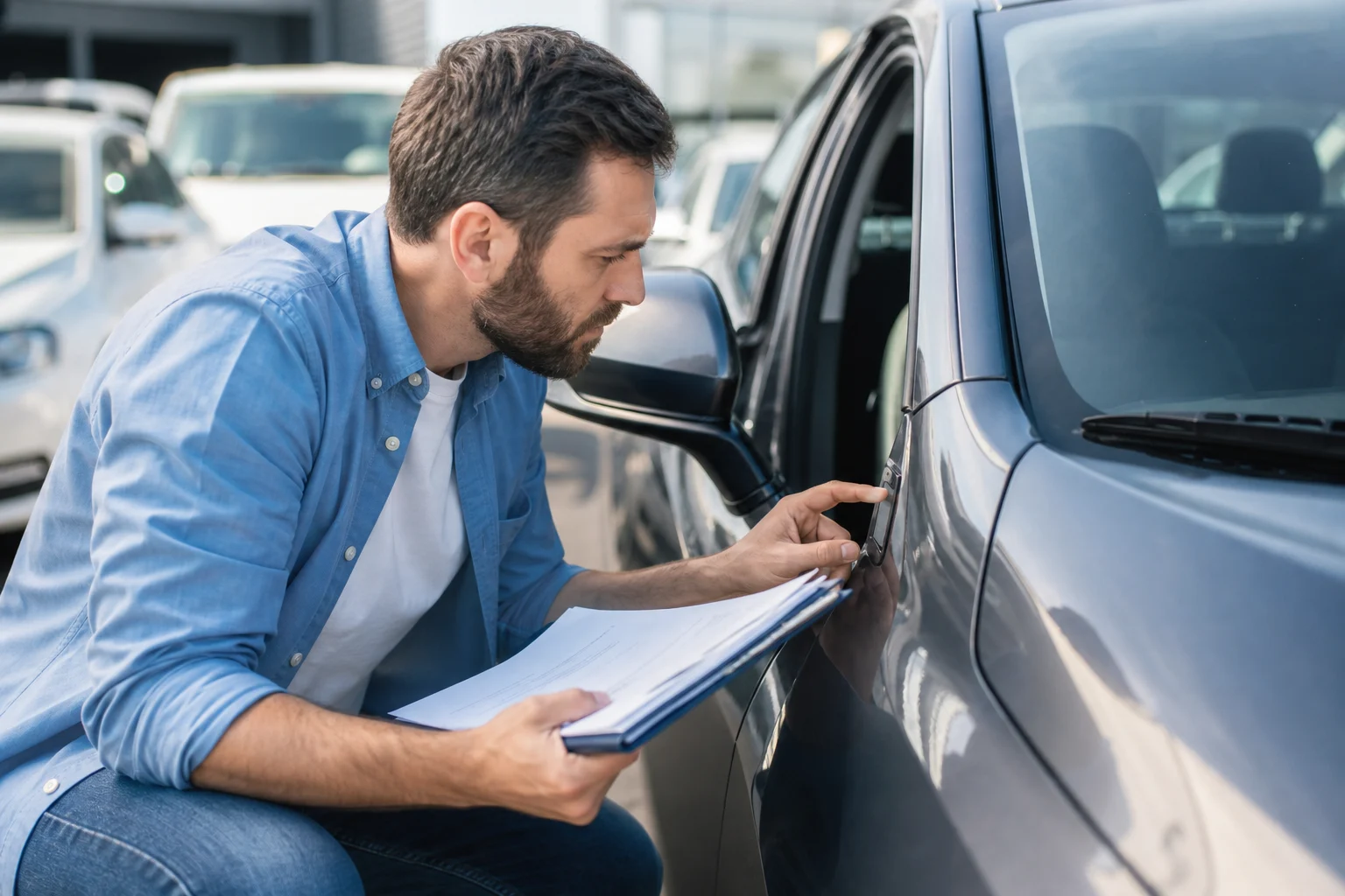 Buyer checking the VIN of a used car alongside the vehicle documentation.