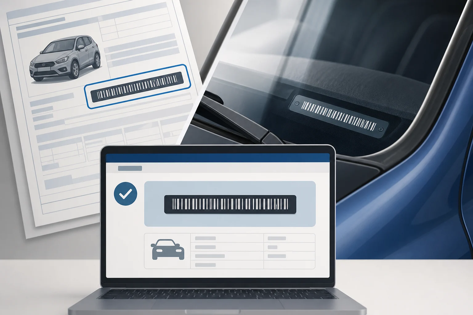 Detail of vehicle documentation and a check screen with the VIN concealed.