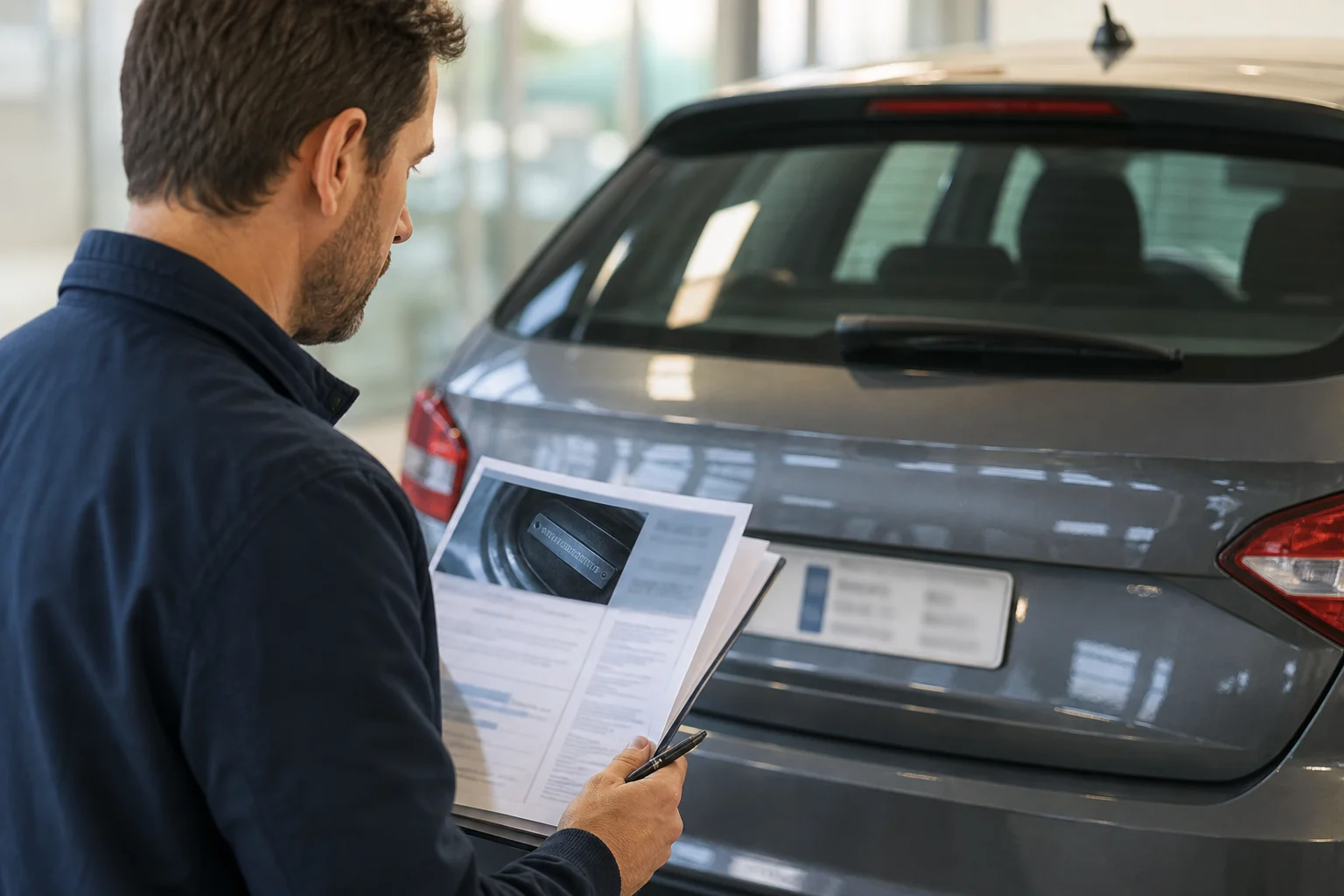 Person reviewing the VIN and registration number in used-car documentation.