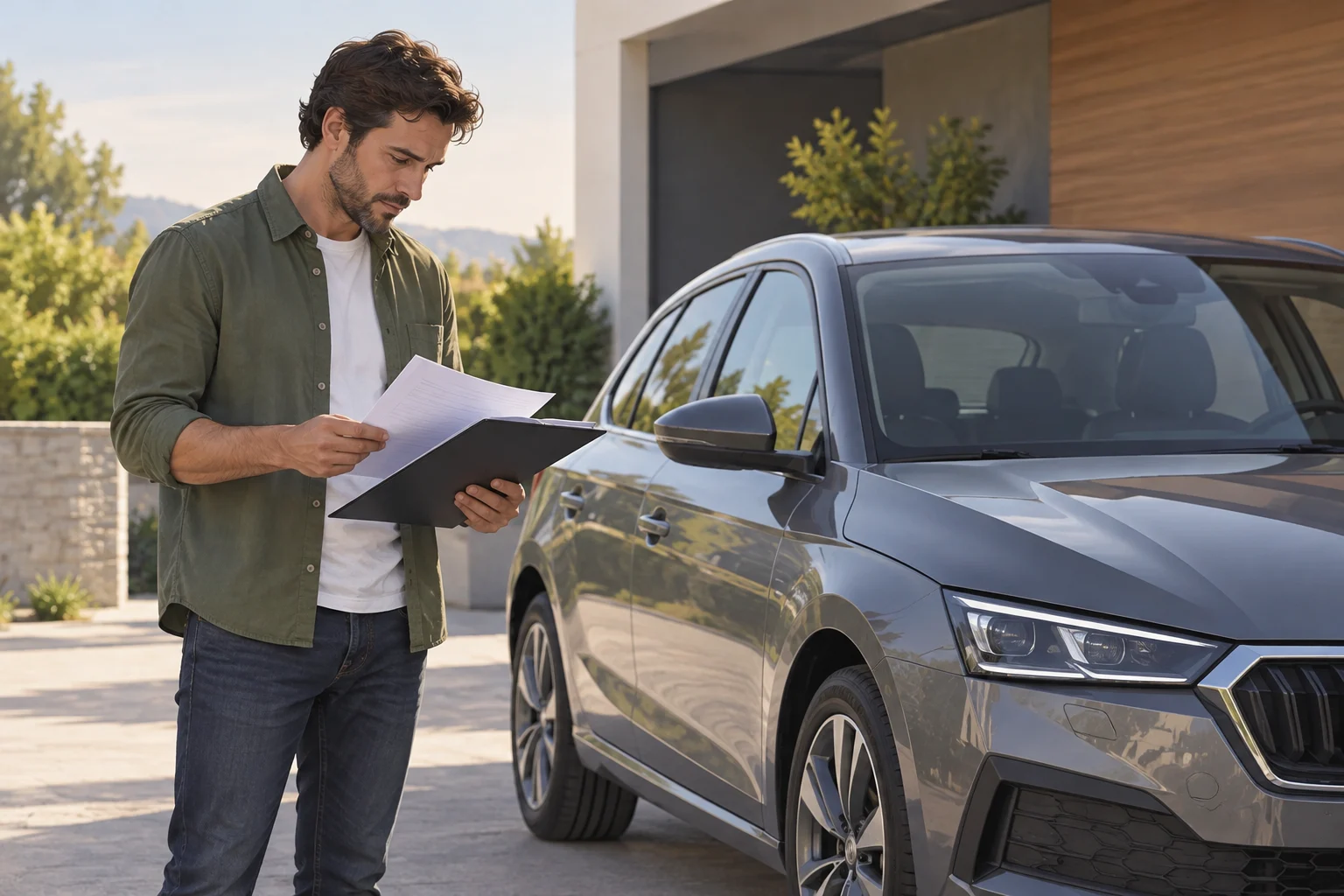 Une personne consulte les documents d’une voiture stationnée, visible à l’arrière-plan