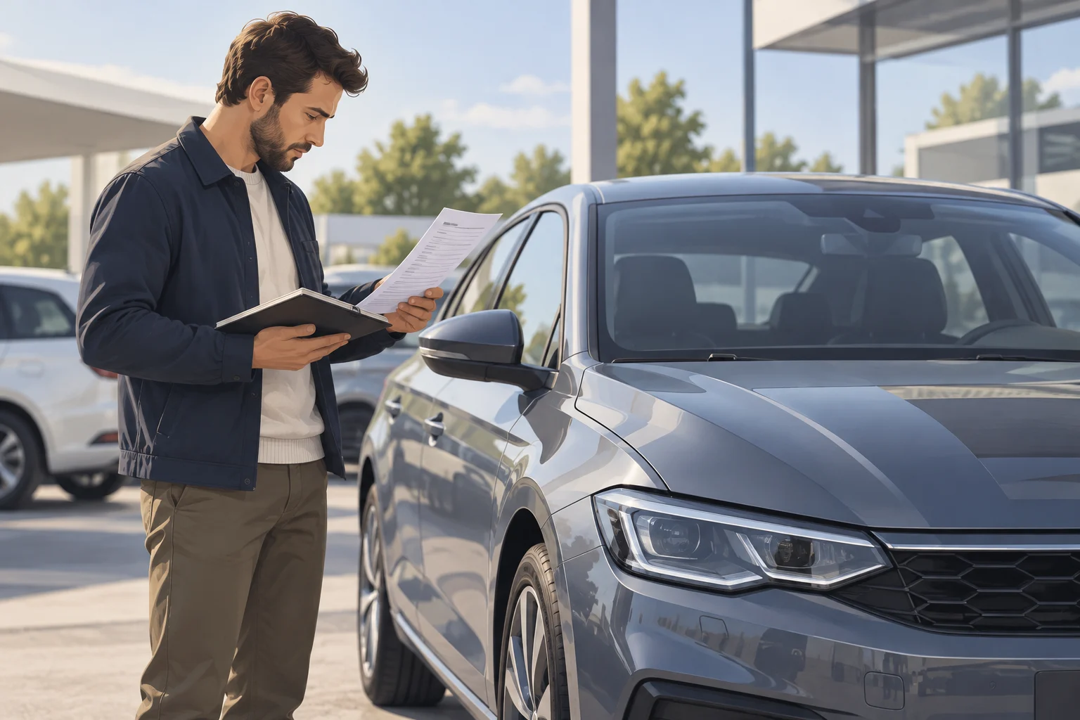 Une personne consulte des documents techniques près d’une voiture stationnée