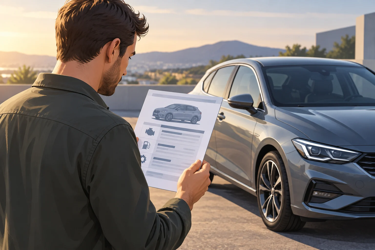 Une personne consulte une fiche technique près d’une voiture stationnée