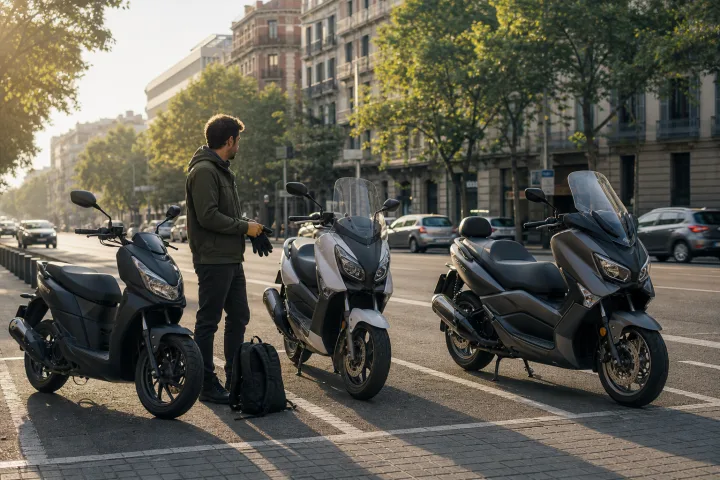 Person wearing a helmet beside three scooters parked on an urban street: one compact, one high-wheel and one GT