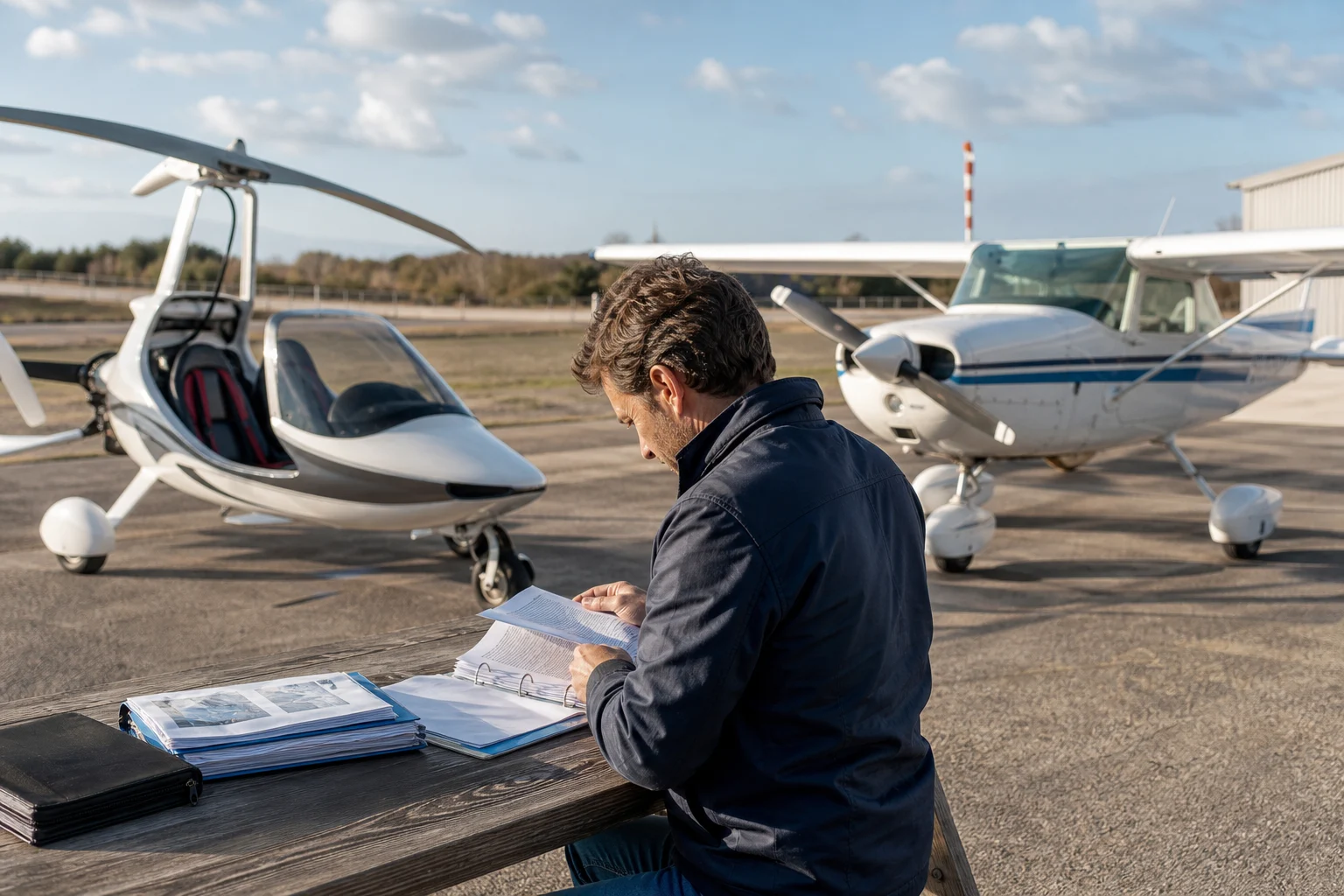 ULM and certified light aircraft parked at an airfield, with ownership documents and costs on a table