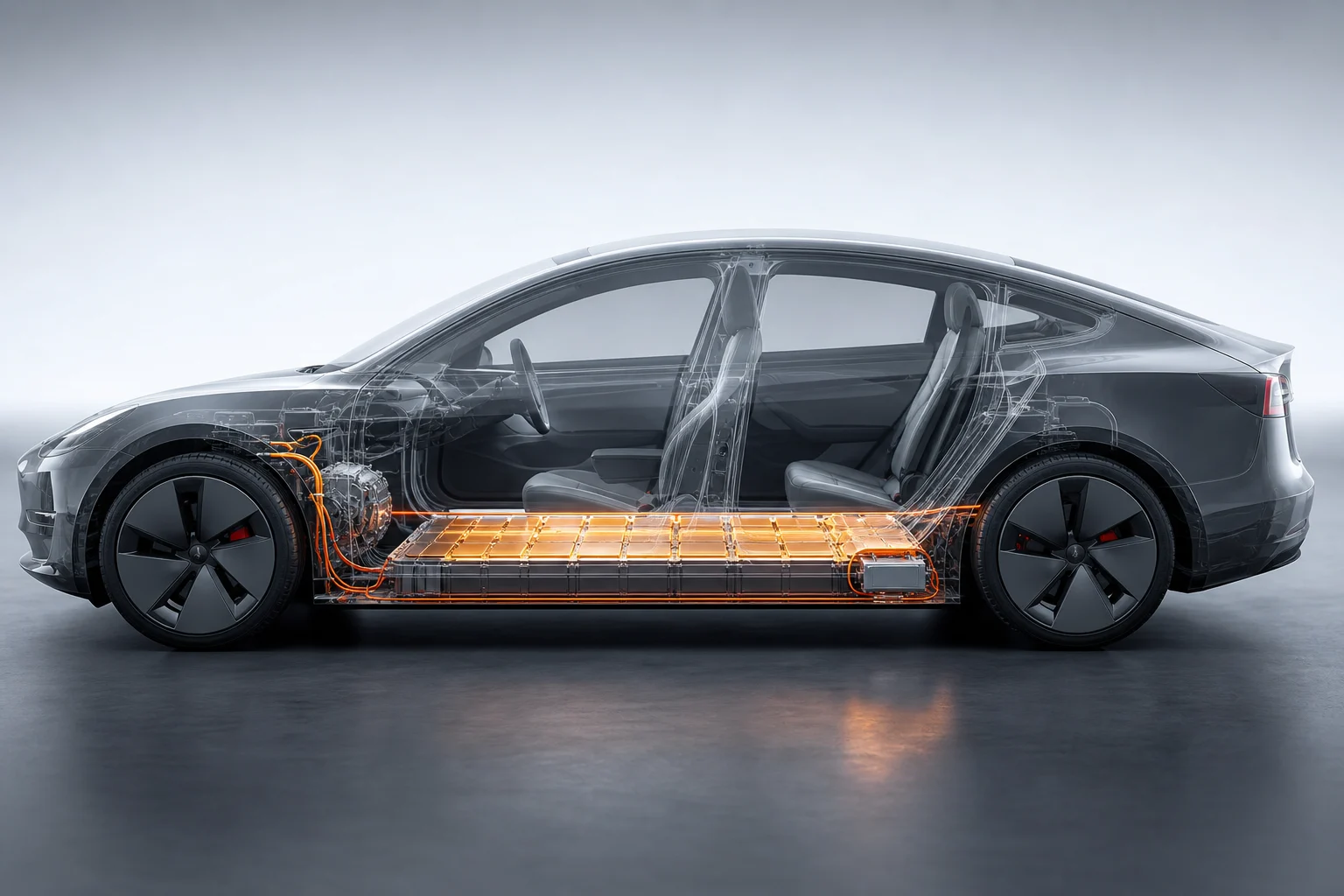 Visual diagram of a Tesla Model 3 with separate high-voltage and auxiliary batteries