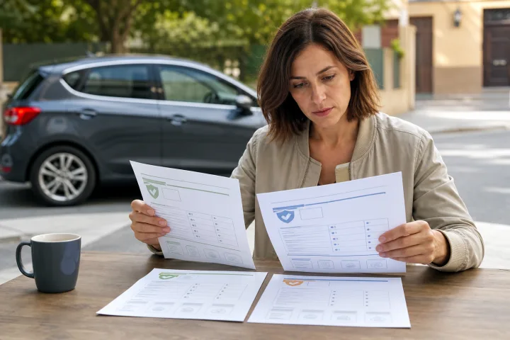 Driver reviewing several insurance documents beside a parked car
