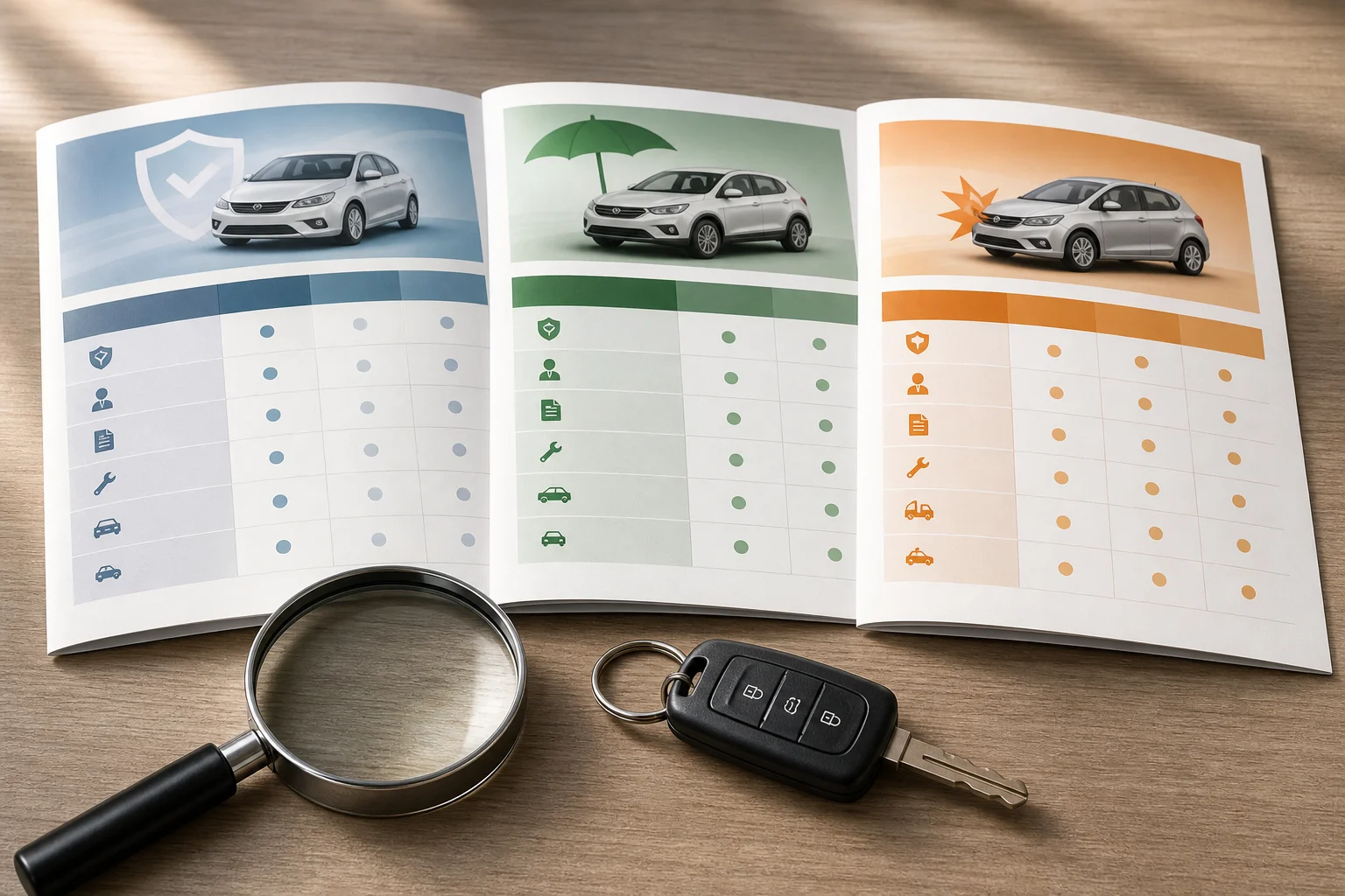 Three insurance documents, a magnifying glass and car keys on a table