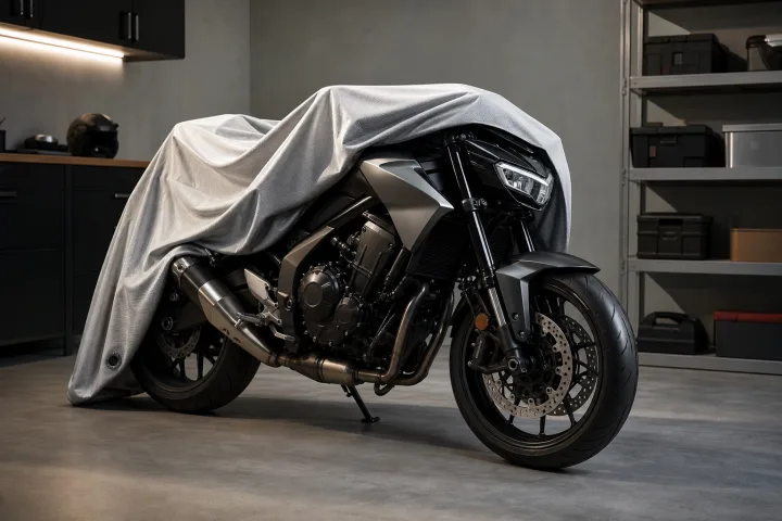 Clean, dry motorcycle covered with a breathable cover, parked in an indoor garage.