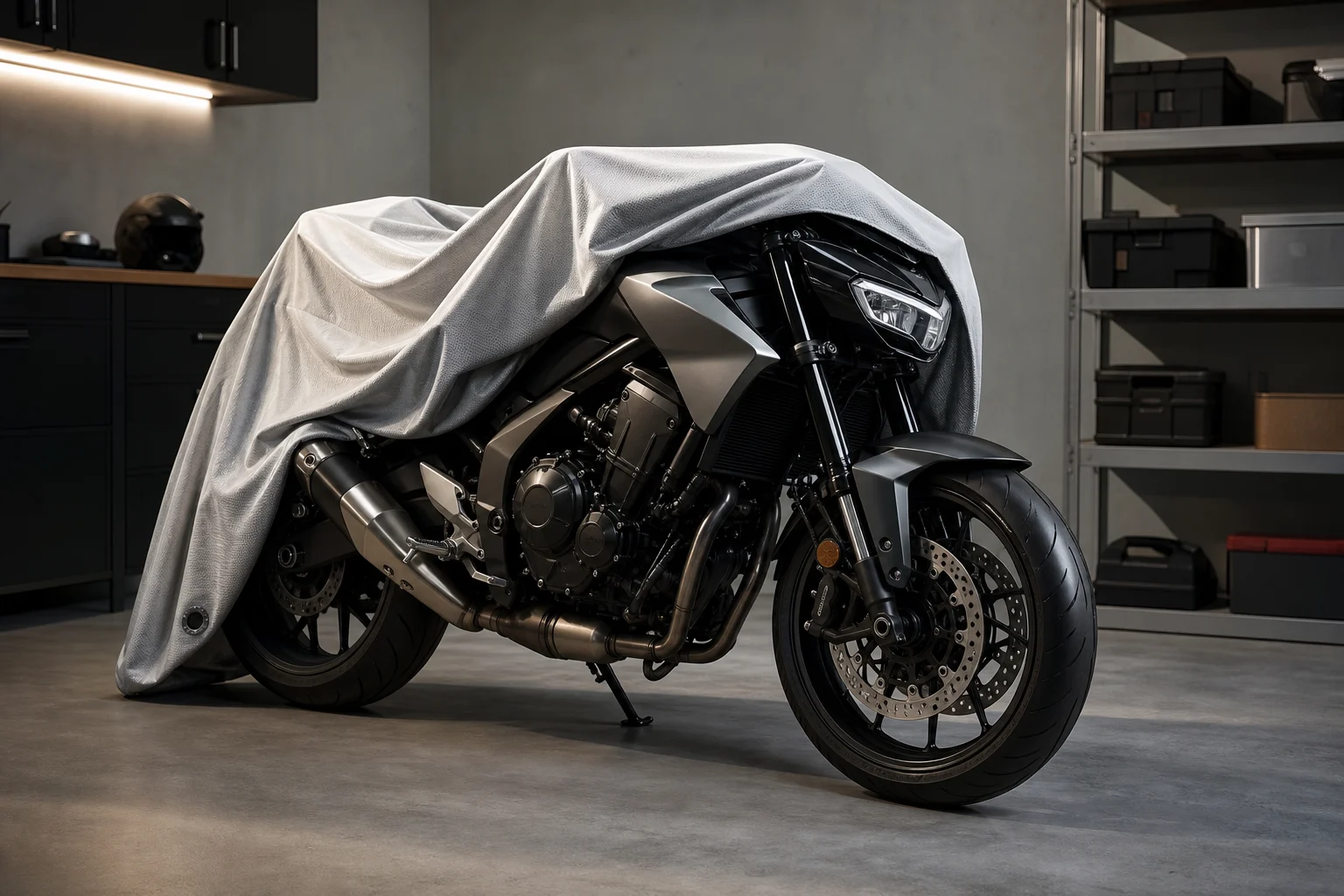 Clean, dry motorcycle covered with a breathable cover, parked in an indoor garage.