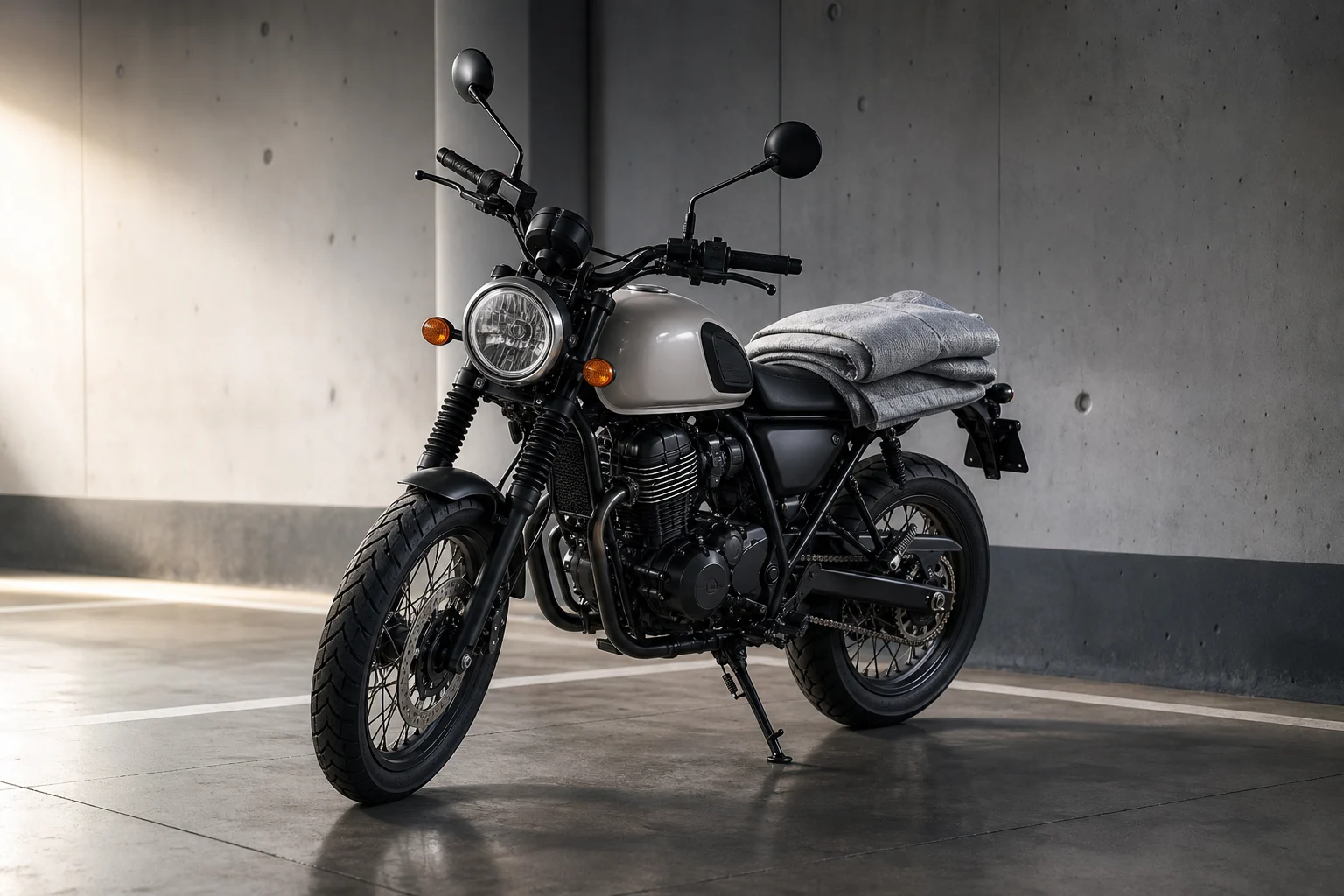 Dry motorcycle in a garage space with a breathable cover ready to be fitted.