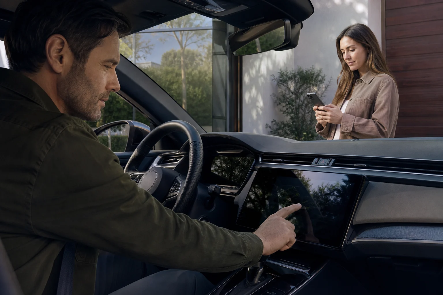 A person checks a car’s central screen and mobile app before handing it over to another owner.