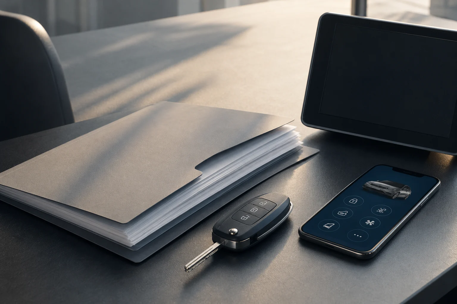 Car sale documentation, a key, a phone and a car infotainment screen ready for linked-account checks.