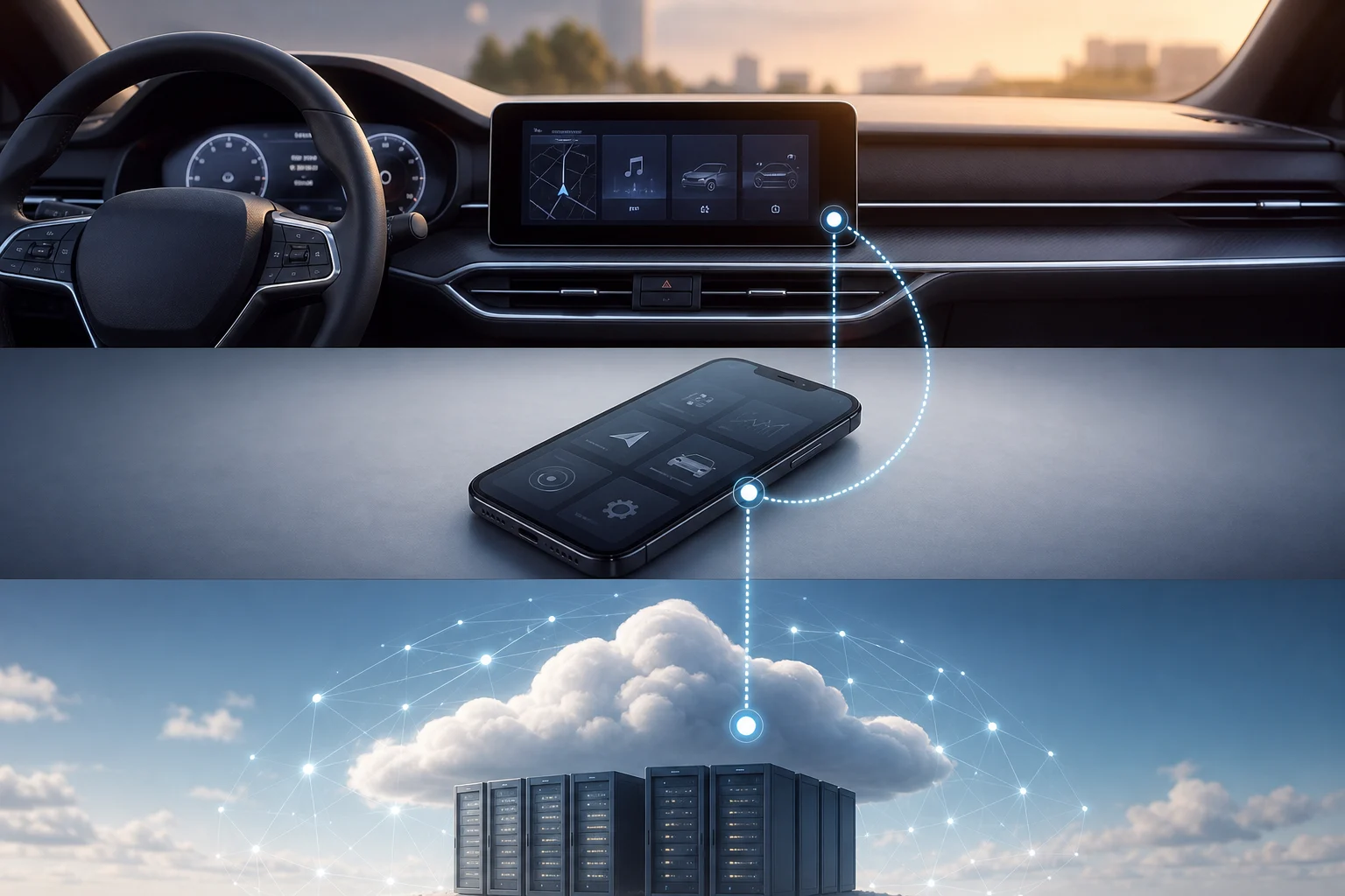 Visual diagram of a car screen, phone and cloud services as possible locations for data.