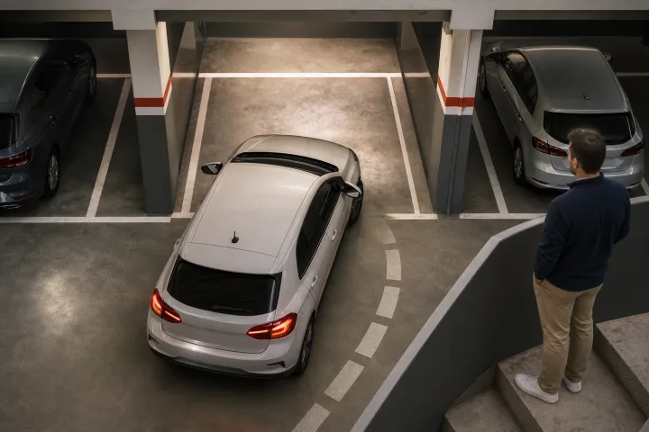 Compact car slowly entering a narrow garage parking space between two pillars