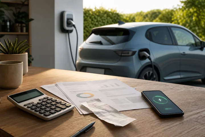 Calculator, fuel receipt, electricity bill and car connected to a charging point