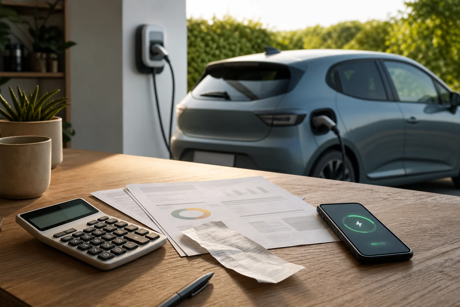 Calculator, fuel receipt, electricity bill and car connected to a charging point