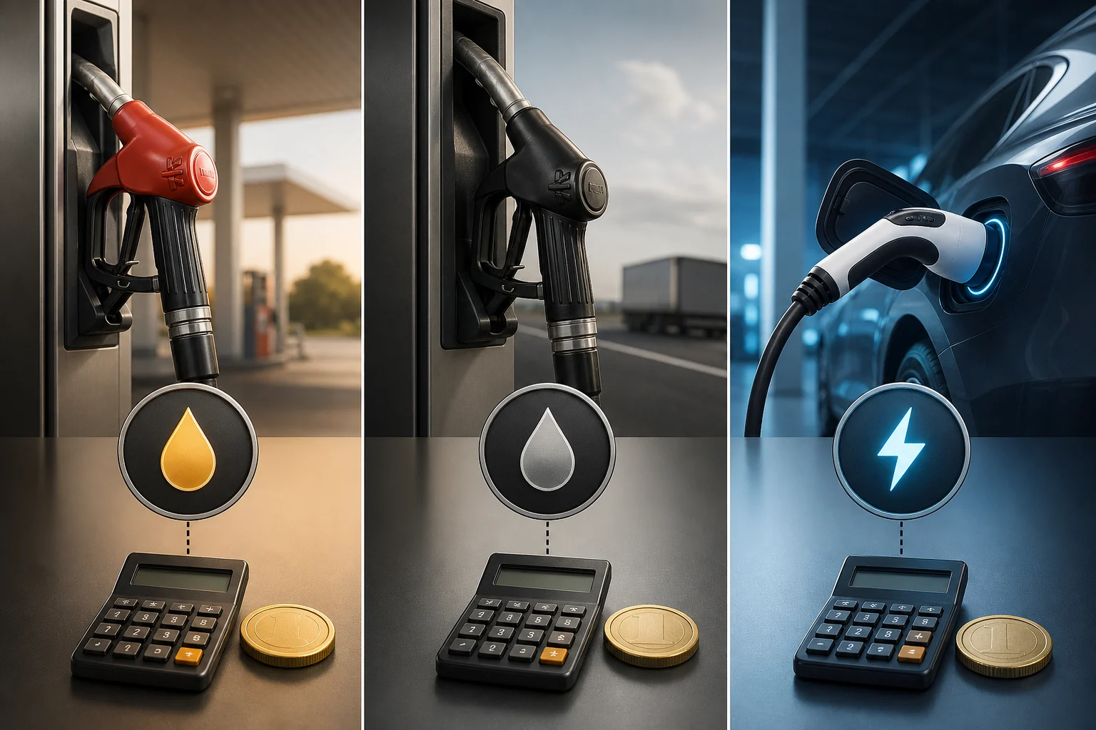 Three car energy systems represented alongside a calculator