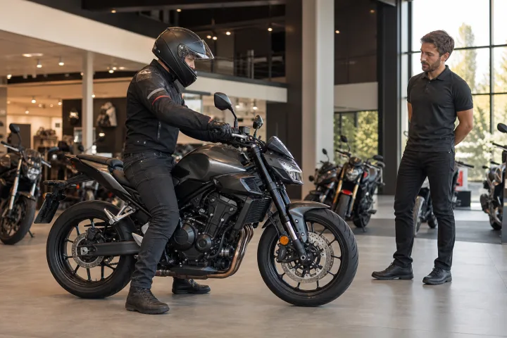 Person wearing motorcycle gear checking foot contact on a stationary motorcycle at a dealership