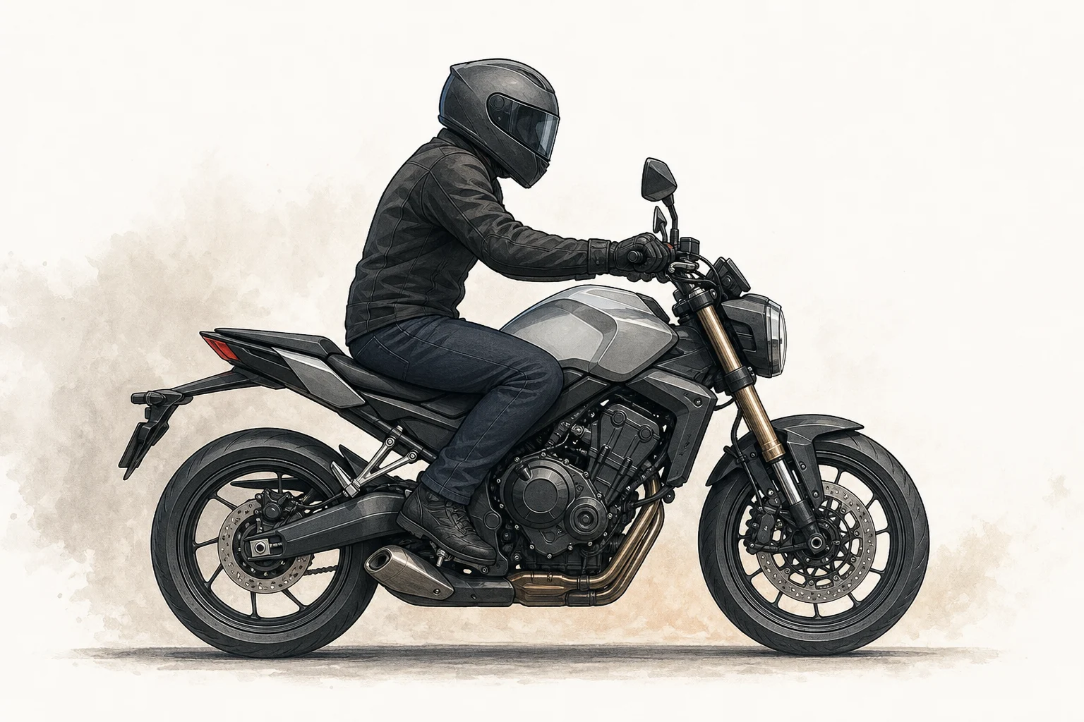 Sitzender Fahrer auf einem generischen Motorrad mit schmaler Sitzbank am Tank und belasteter Federung