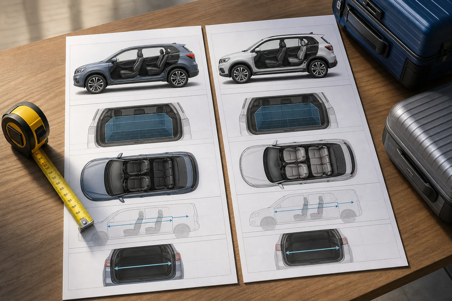 Two car specification sheets compared beside a measuring tape and suitcases.
