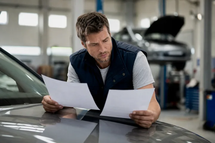 Person reviewing two repair quotes next to a car parked outside a garage