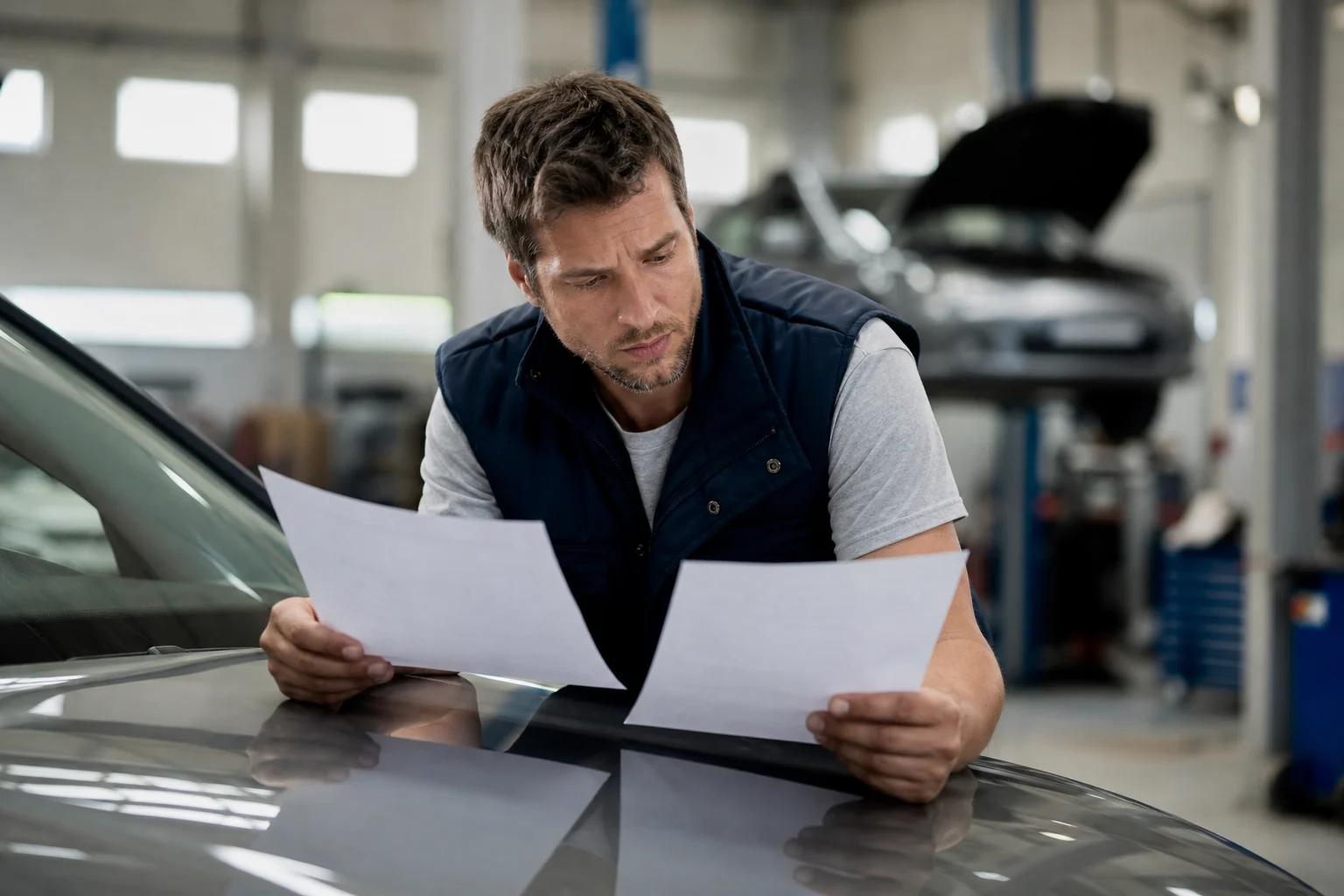 Person reviewing two repair quotes next to a car parked outside a garage