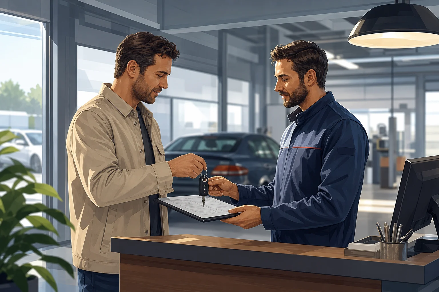 Customer and receptionist reviewing a document when leaving a car at a garage