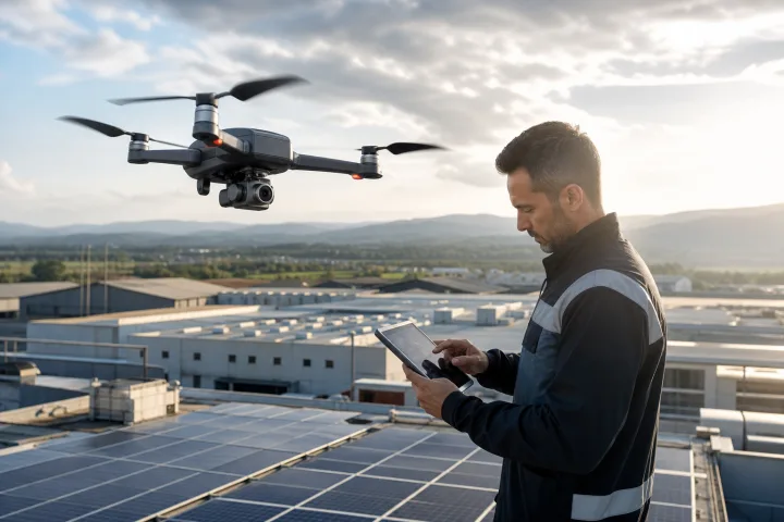 Professional drone carrying out a visual inspection of an industrial roof from the air