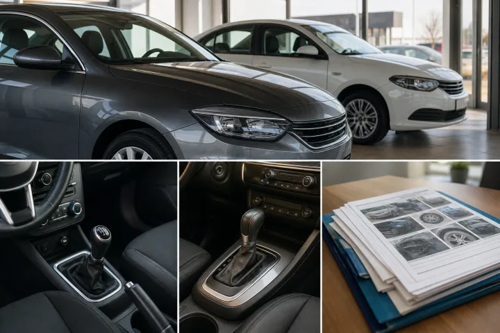 Two used cars parked side by side, one with a manual gear lever and the other with an automatic selector, next to maintenance documents.