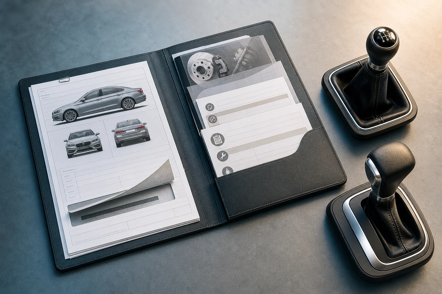 Used vehicle documentation beside a manual gear lever and an automatic selector.