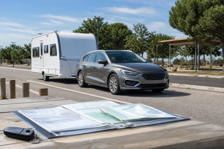 Passenger car with an attached caravan parked beside vehicle documents on a table