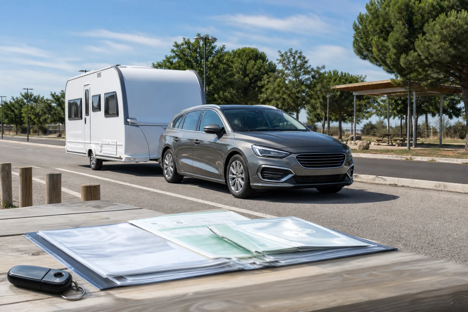 Passenger car with an attached caravan parked beside vehicle documents on a table