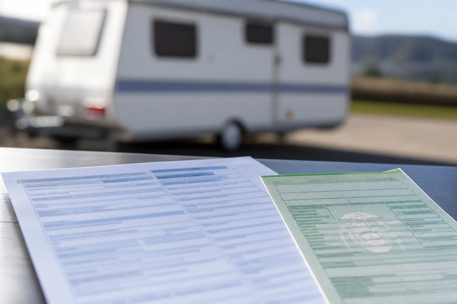 Generic vehicle documents on a table before checking caravan masses