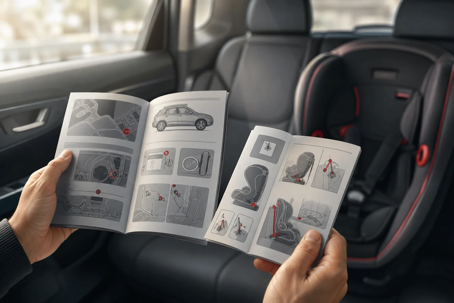 Hands comparing a car manual with child car seat instructions