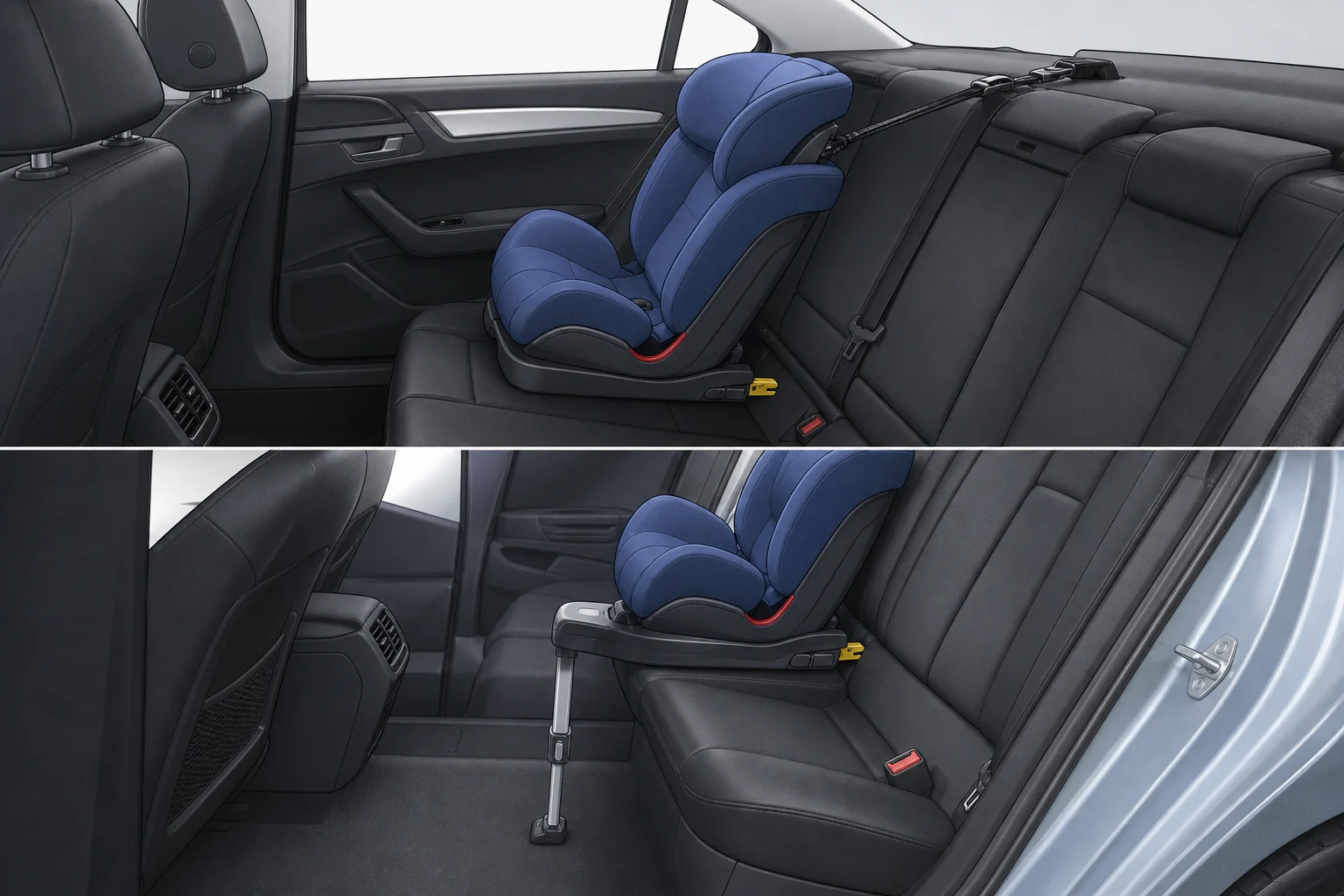 Two separate ISOFIX child car seat configurations: one with a top tether and one with a support leg