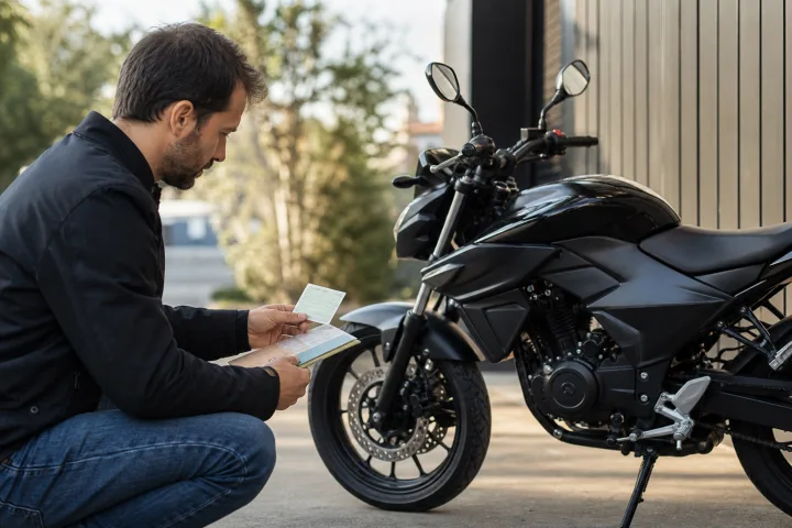 Person reviewing the ITV card and details of a parked motorcycle before buying it.