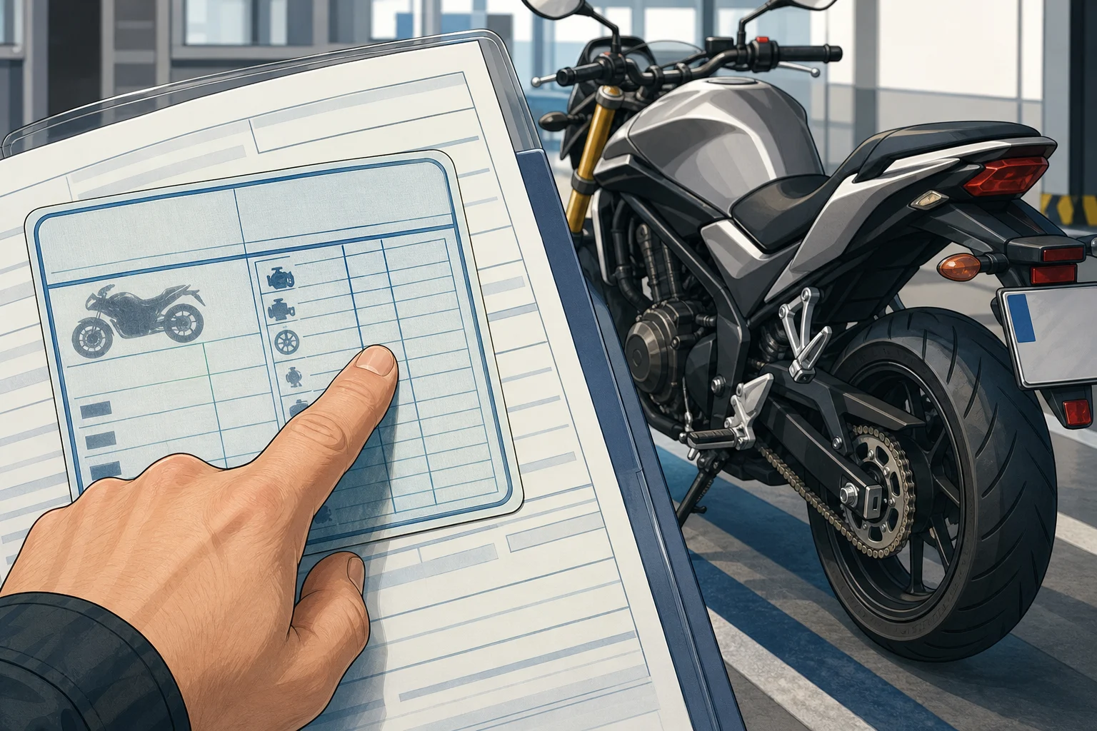 Mão a comparar os dados de potência de um cartão ITV junto de uma moto estacionada.