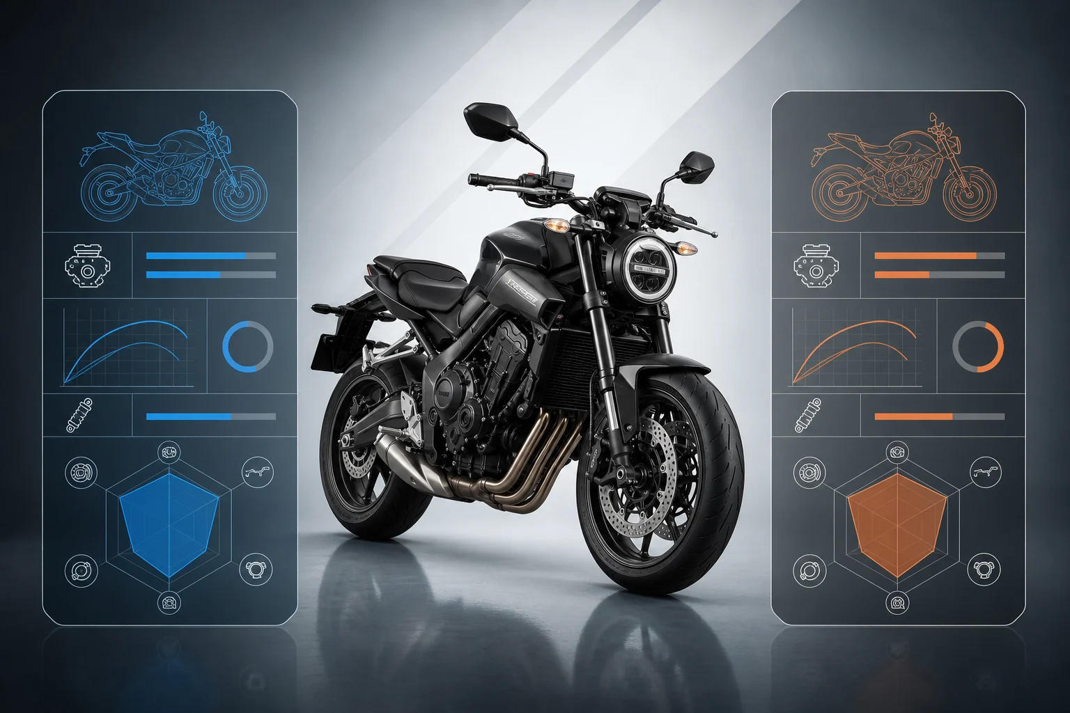 Motocicleta junto de dois documentos que representam a comparação entre a configuração atual e a origem.