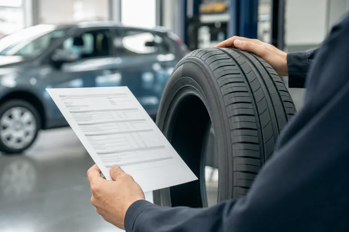 Person comparing an ITV card with a tyre sidewall marking in a workshop