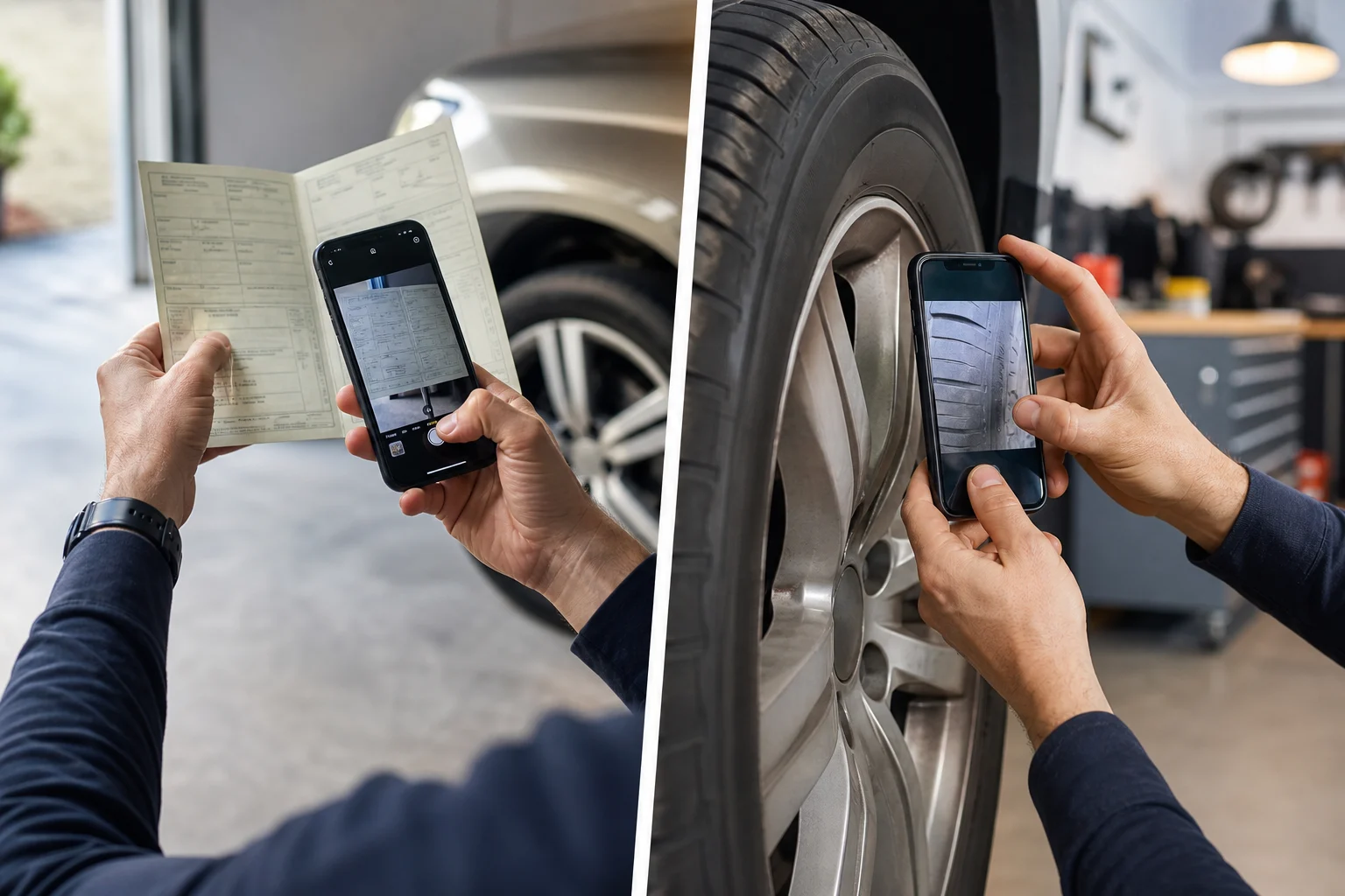 Person comparing an ITV card and a tyre sidewall using photographs