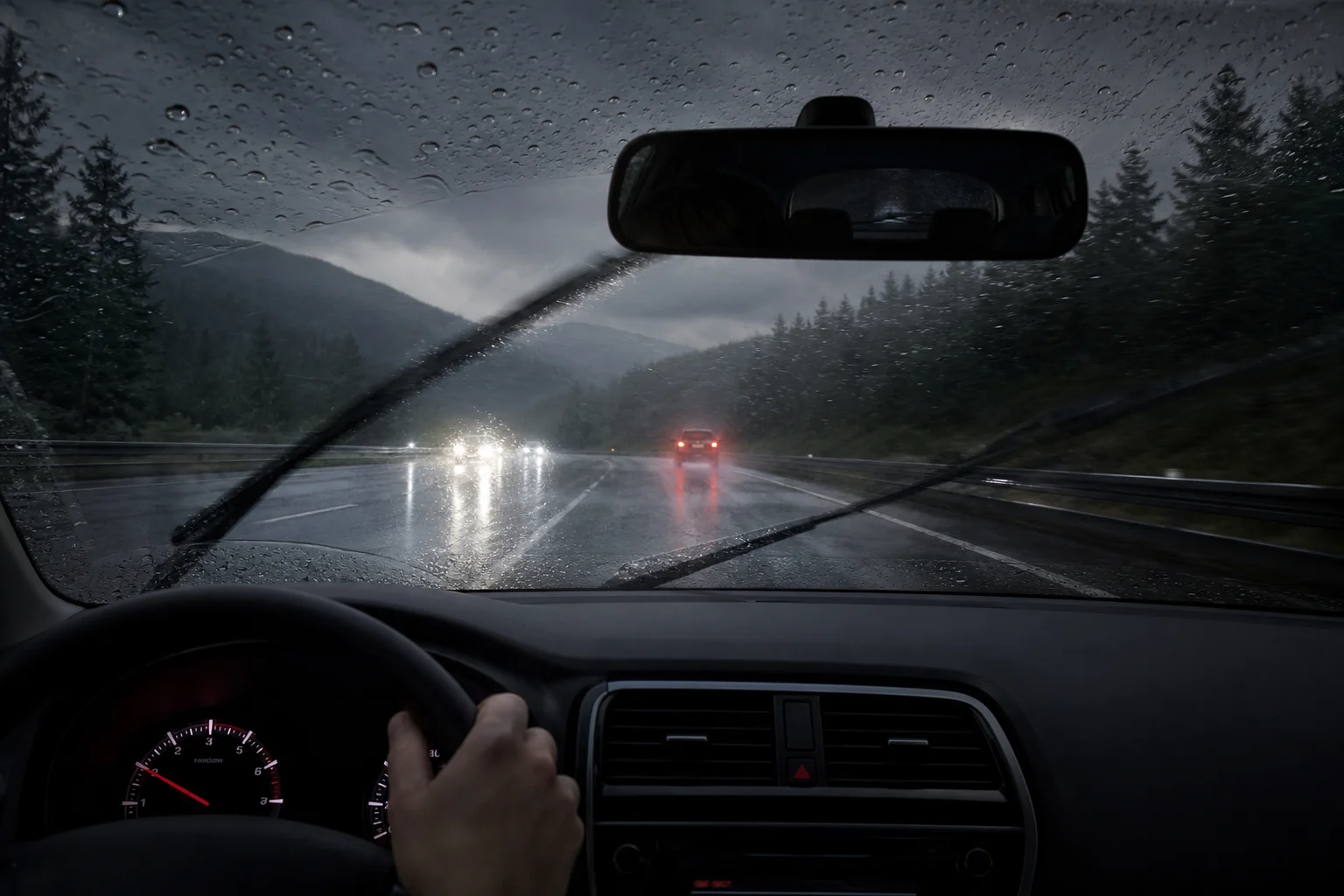 View from inside a car with rain on the windscreen and vehicles travelling at a distance on a wet road